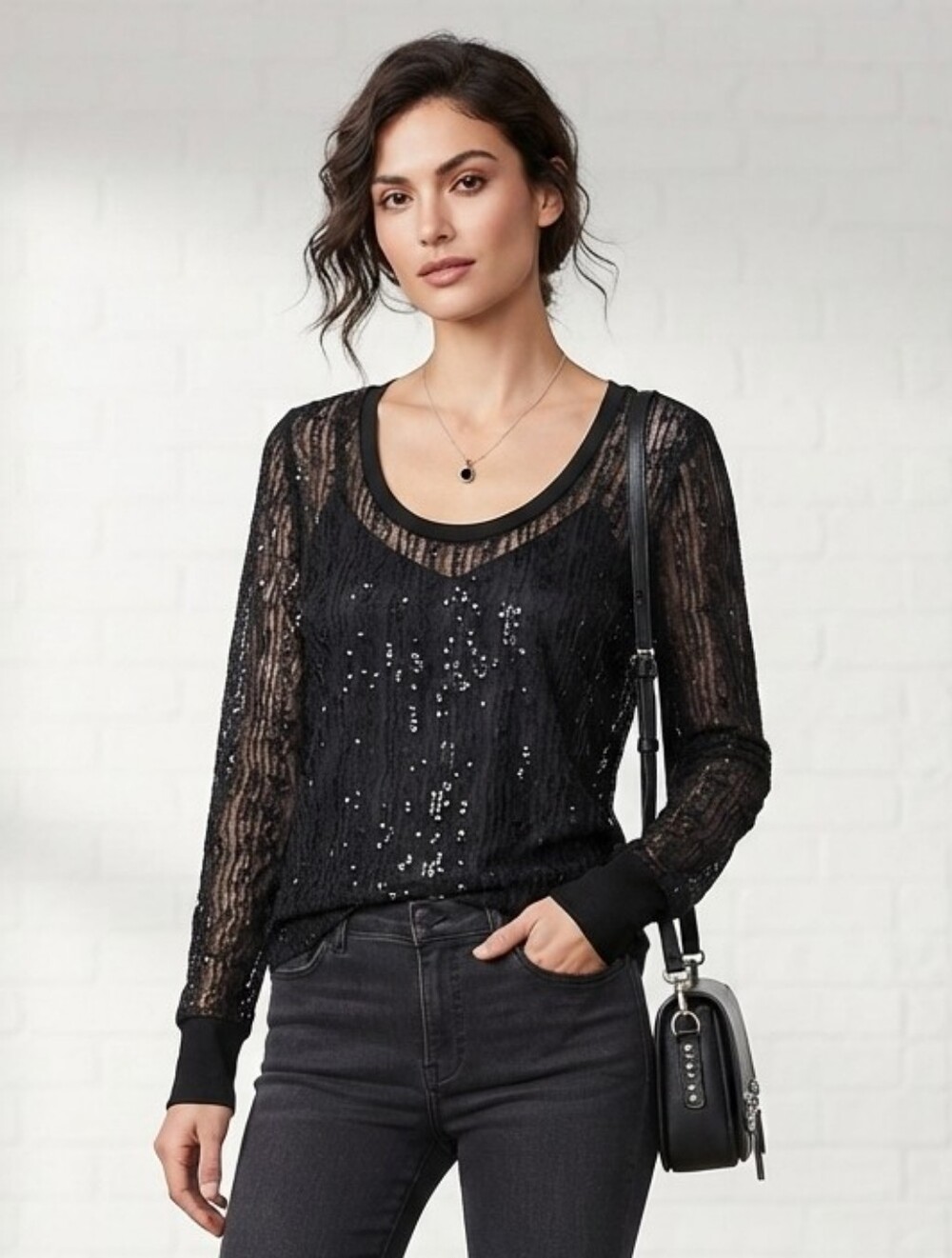 BKE Eased Black Long Sleeve Sheer Blouse Sz Large Sequin Detail